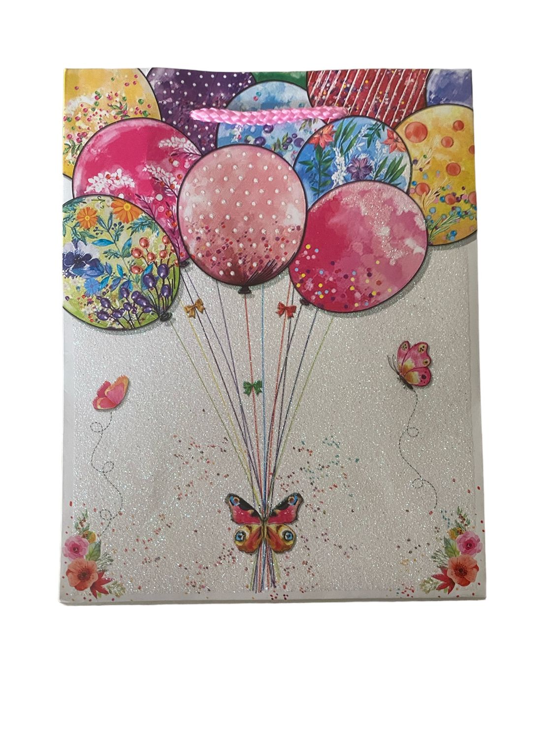 Balloons &amp; Butterflies Glitter Small Gift Bag PK3 (R10.50 Each)