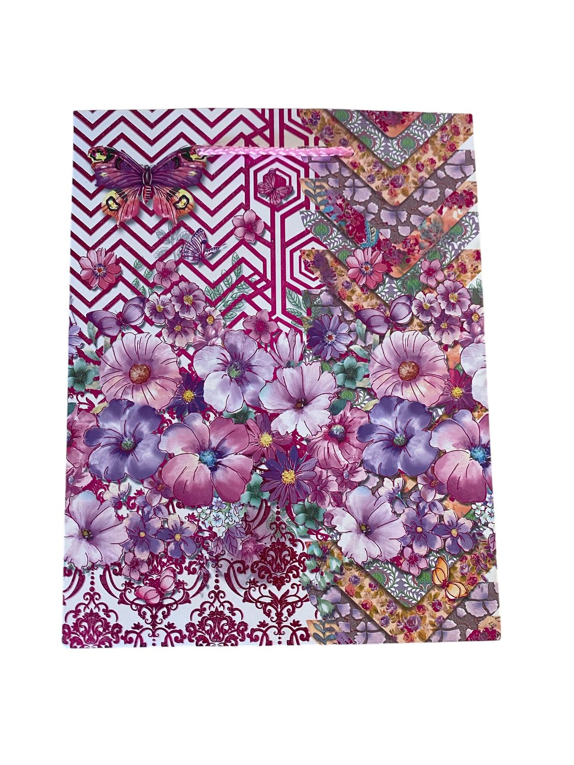 Flowers with Pink Zig Zag &amp; Hexagon Background Medium Gift Bag PK3 (R15.50 Each)