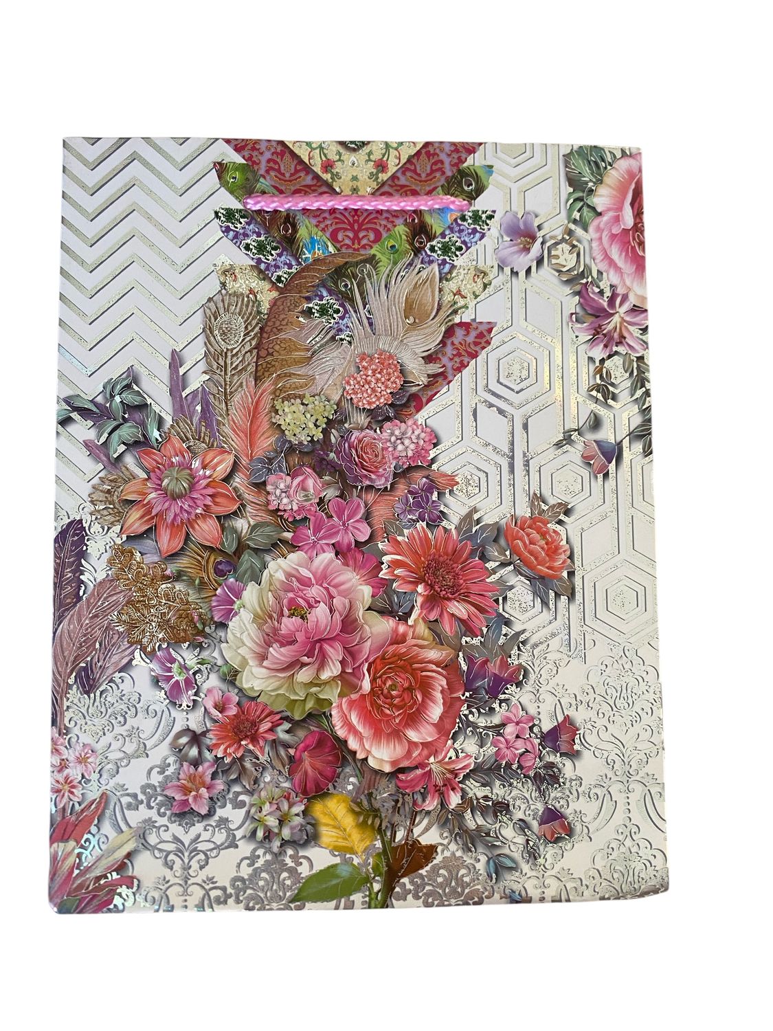 Flowers with Silver Zig Zag &amp; Hexagon Background Small Gift Bag PK3 (R10.50 Each)