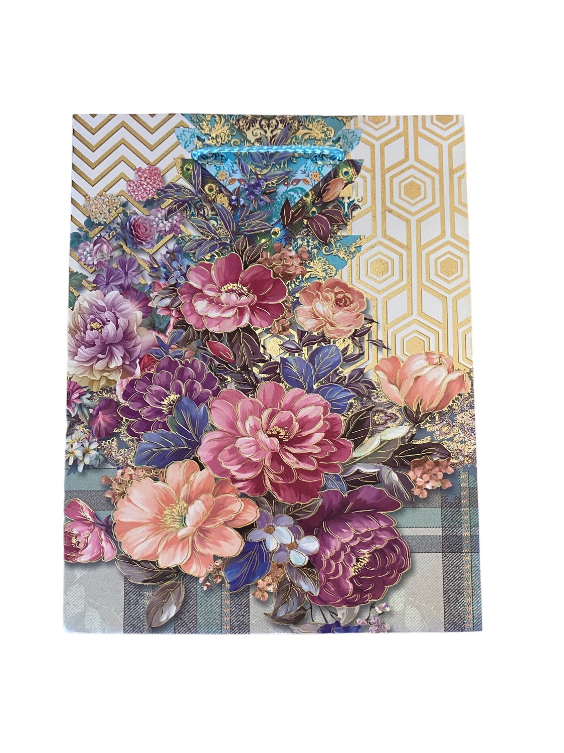 Flowers with Gold Zig Zag &amp; Hexagon Background Small Gift Bag PK3 (R10.50 Each)