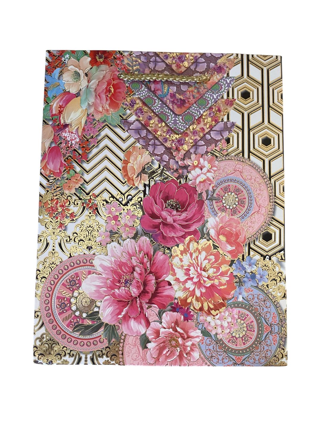 Flowers with Gold &amp; Black Zig Zag &amp; Hexagon Background Medium Gift Bag PK3 (R15.50 Each)