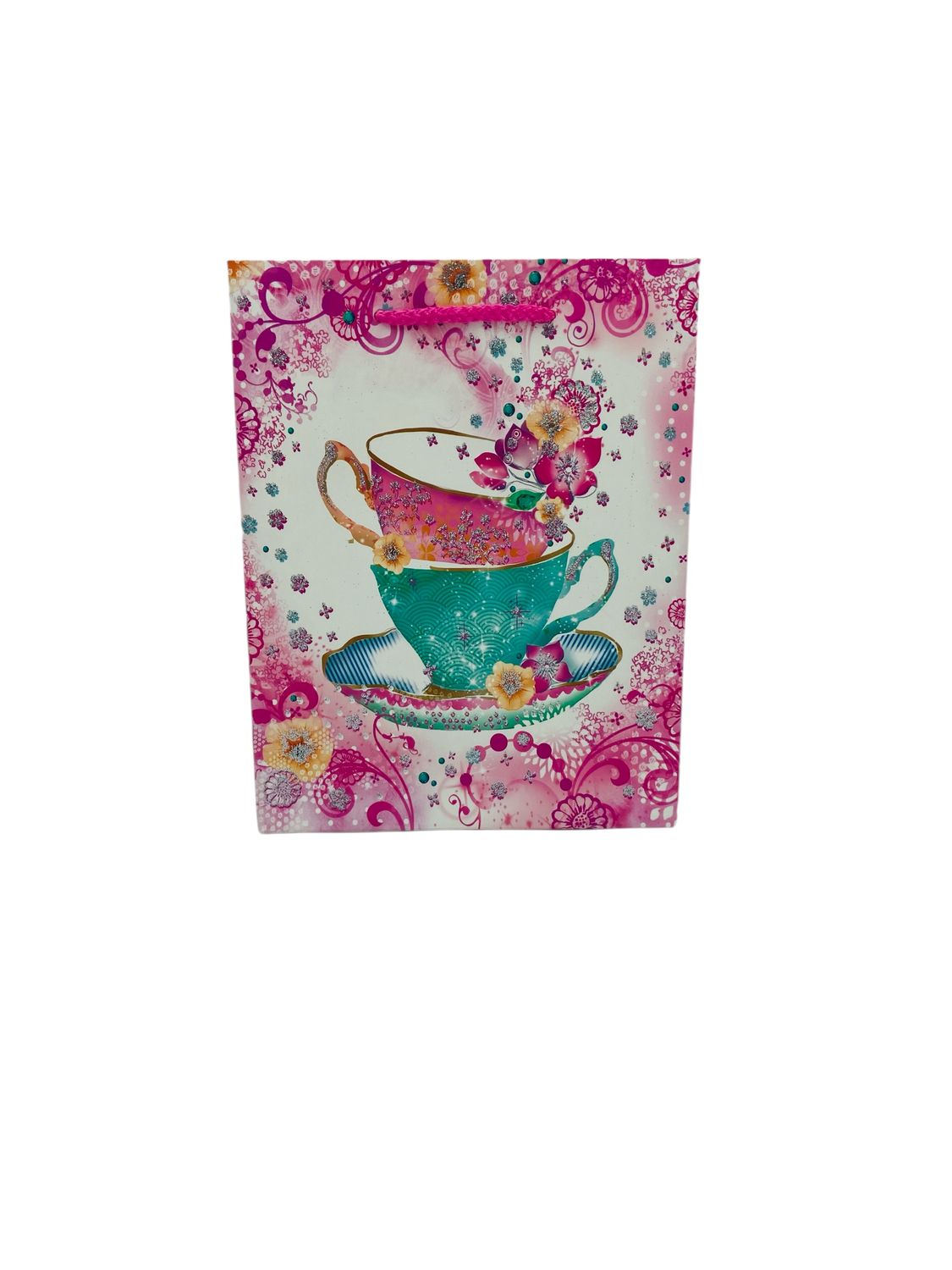 Tea Cups and Flowers with Glitter Small Gift Bag  (Set of 4 R10.50 E)
