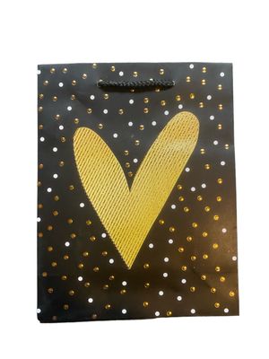 Gold Heart Black Polka Dot Medium Gift Bag  PK3 (R15.50 Each)