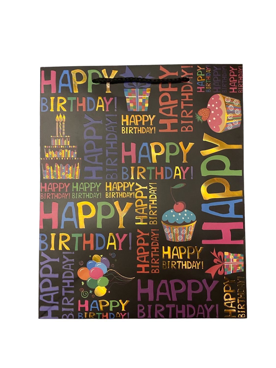 Happy Birthday Gift Bag - Black - L (PK3 R20 EACH)