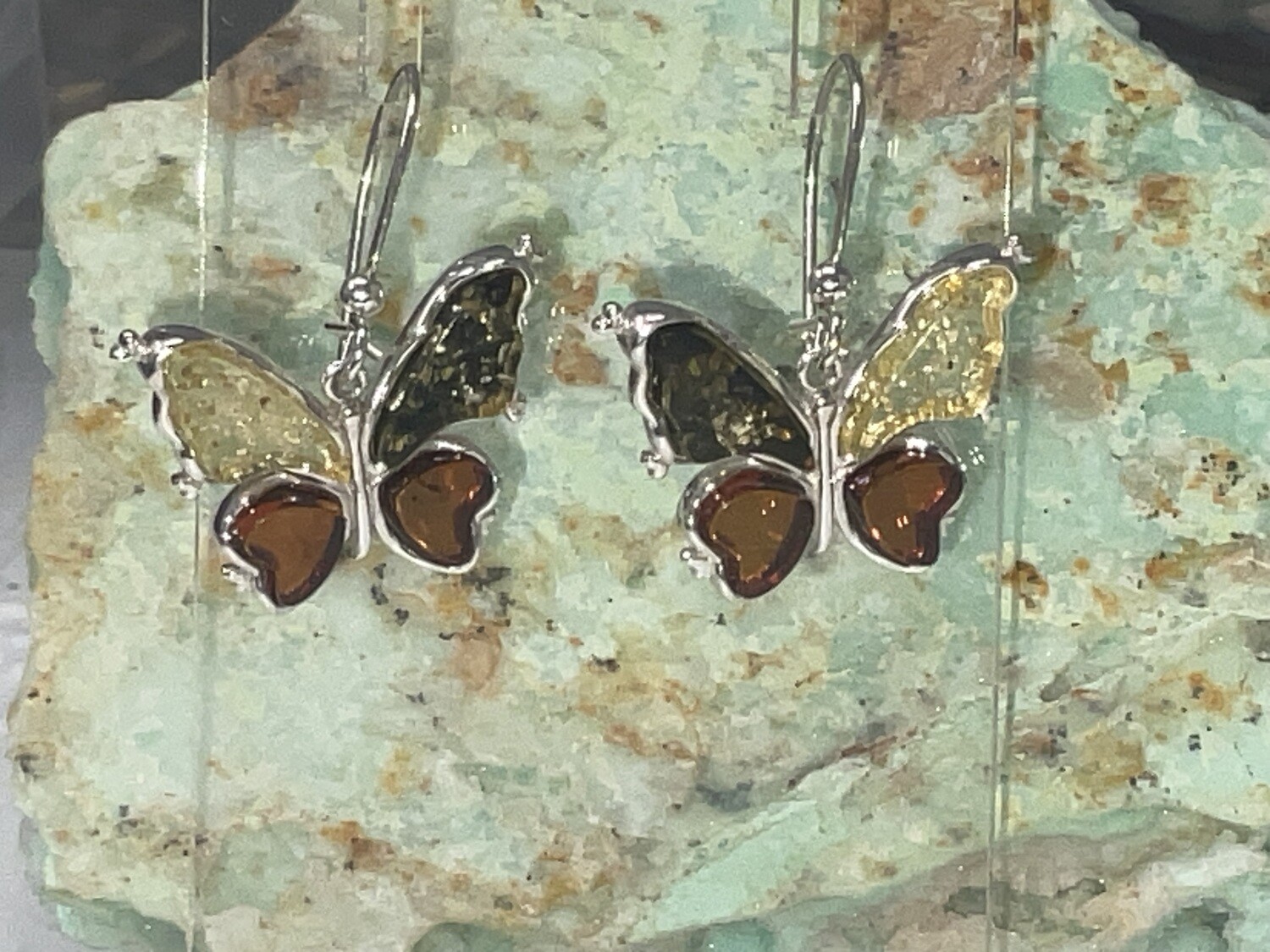Multi-Color Amber Butterfly Earrings On Hook 925