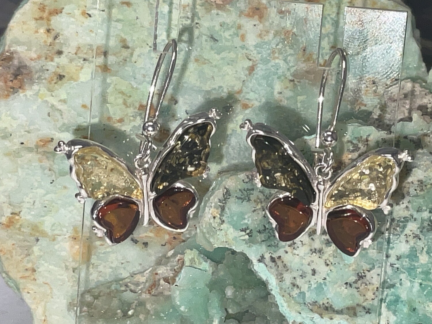 Multi-Color Amber Butterfly Earrings On Hook 925
