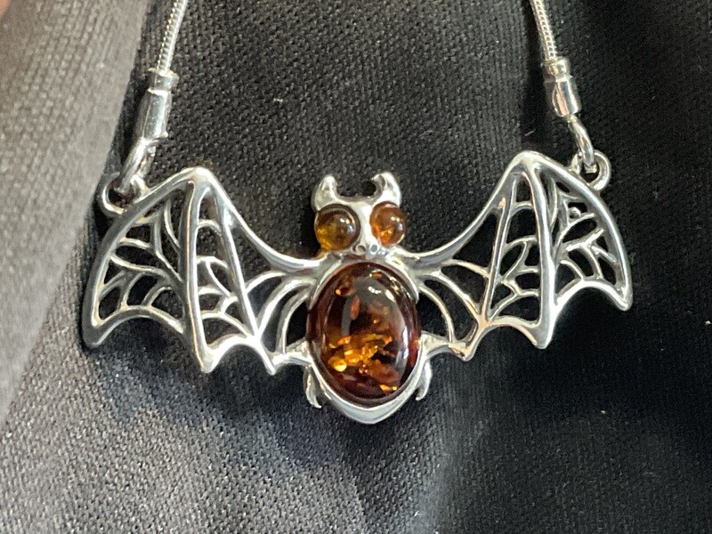 Bat Cognac Amber Silver Necklace