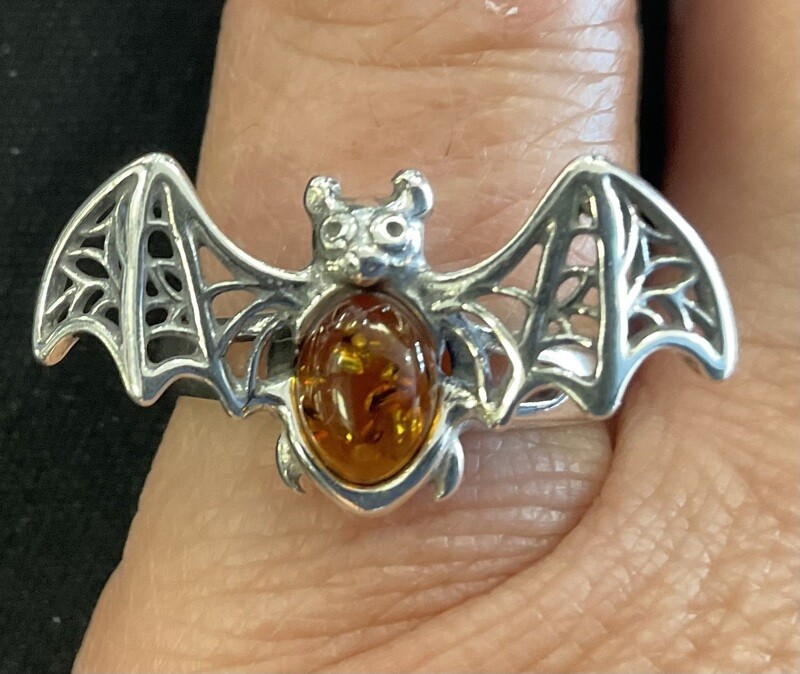 Bat Adjustable Cognac Amber Sterling Silver Ring