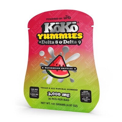 Urb Vegan Koko Yummies Gummy Delta 8 Delta 9 3000mg 30ct, Flavor: Watermelon Zkittlez