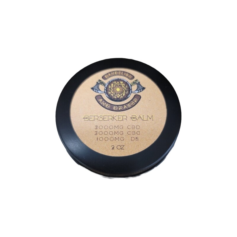 Dandelion and Draugr Berserker Balm 2oz.  3000mg CBD, 3000mg CBG, 1000mg D8