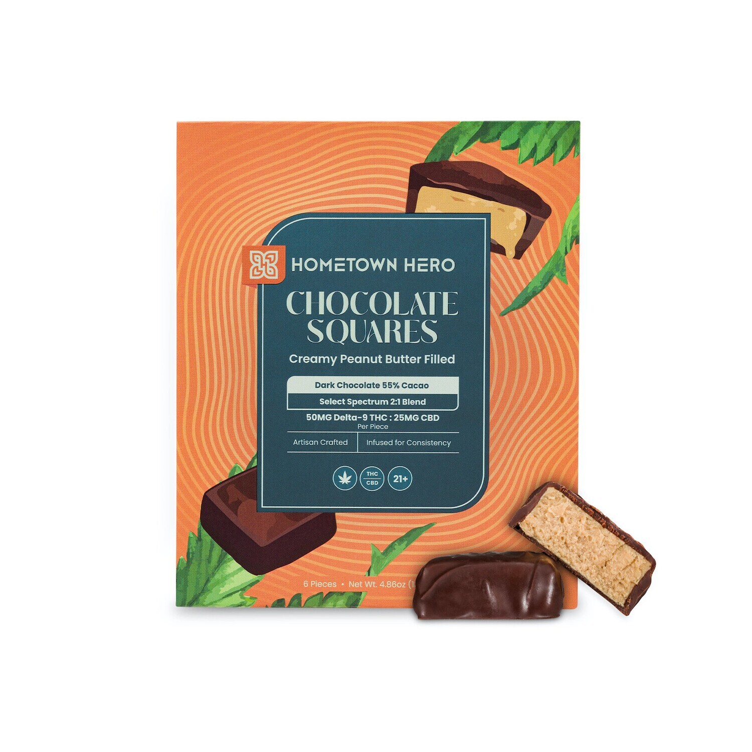 Hometown Hero Chocolate Peanut Butter Squares 50mg D9 25mg CBD 2:1 6pc