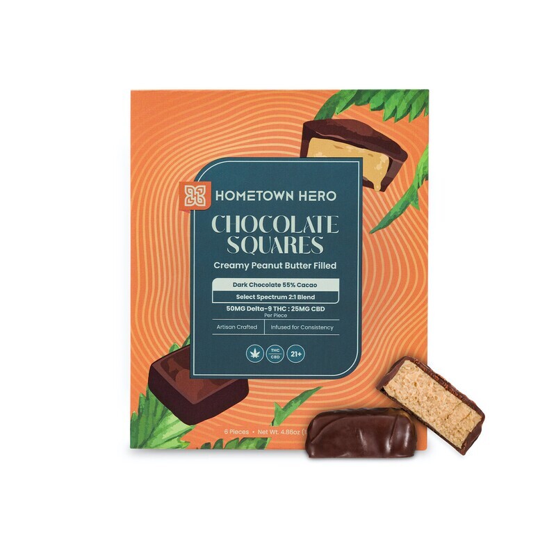 Hometown Hero Chocolate Peanut Butter Squares 50mg D9 25mg CBD 2:1 6pc