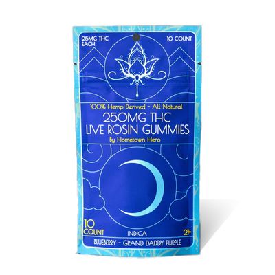 Hometown Hero Live Rosin Delta 9 Gummy 10ct 250mg, Strain: Grand Daddy Purple Blueberry (Indica)