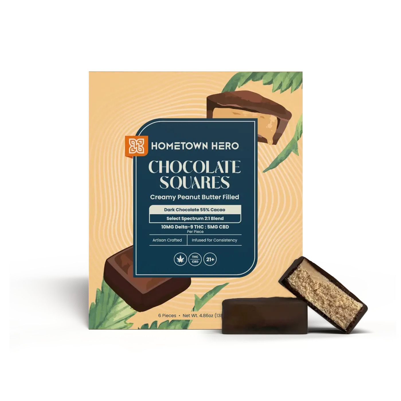 Hometown Hero Chocolate Peanut Butter Squares 10mg D9 5mg CBD 2:1 6pc