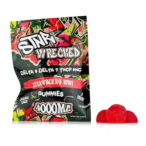 STNR Wrecked Gummies D8, D9, THCP, HHC 4000mg 5ct, Flavor: Strawberry Kiwi