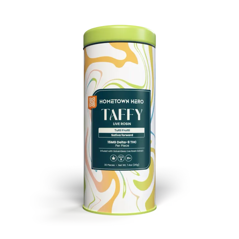 Hometown Hero Live Rosin Taffy 15mg Delta 9 (Canister of 30) Sativa Tutti Frutti