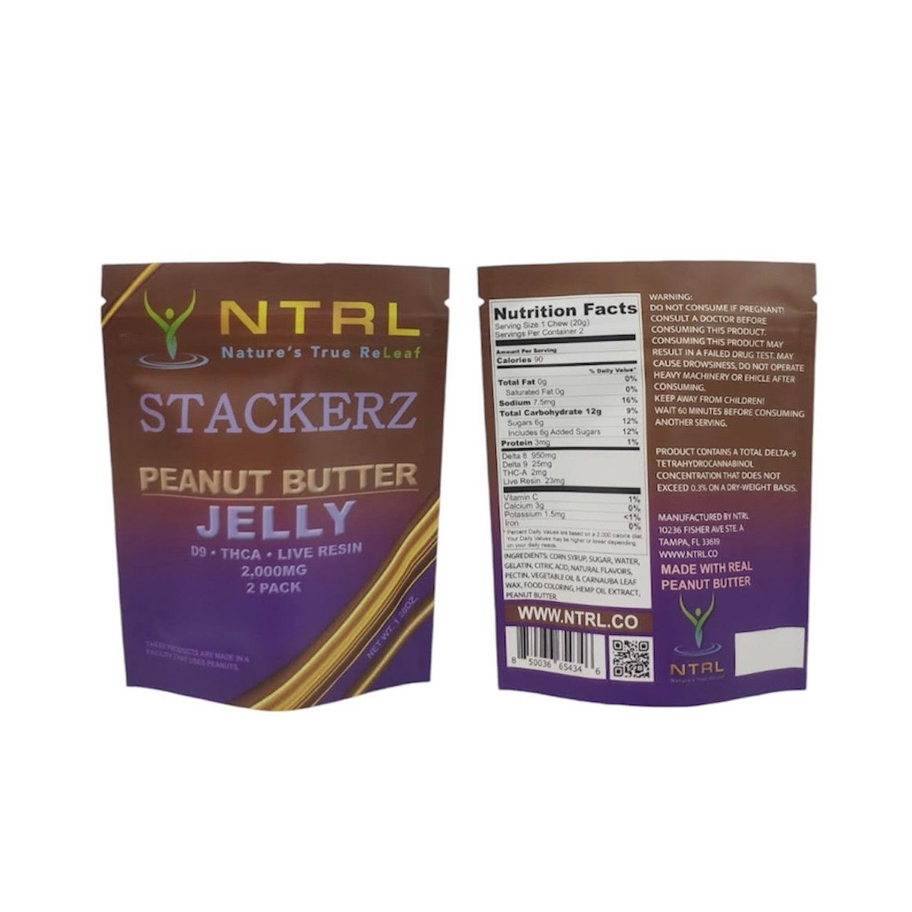 NTRL Stackers Live Resin Gummy 950mg D8 25mg D9 2mg THCA 2ct Peanut Butter Jelly