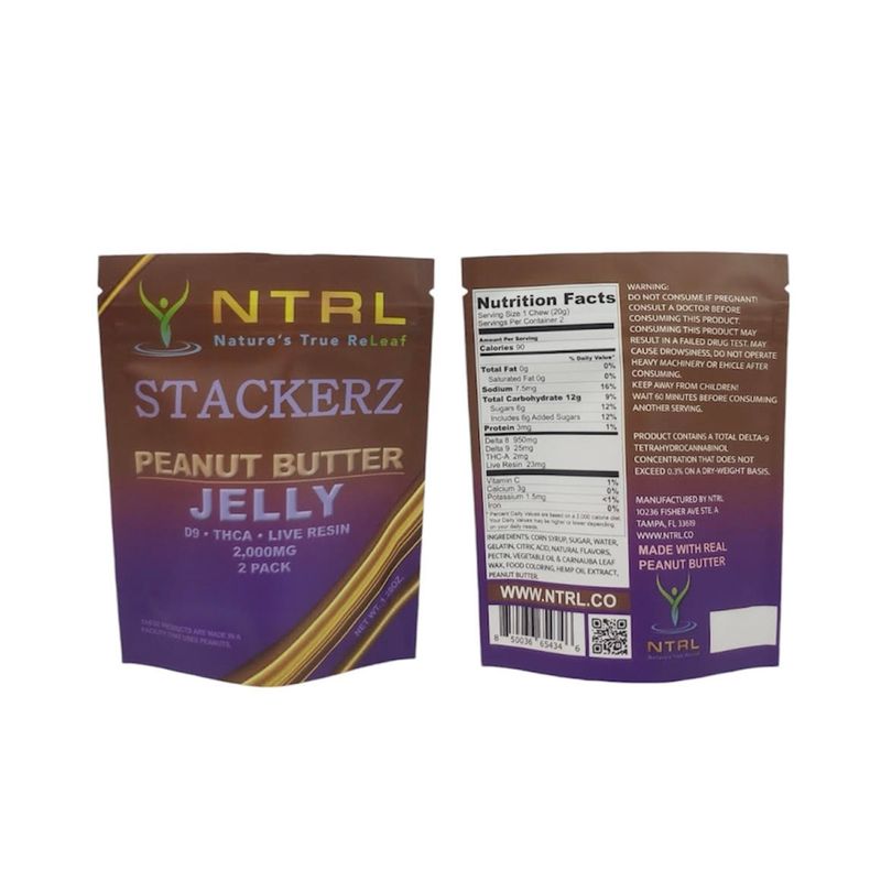 NTRL Stackers Live Resin Gummy 950mg D8 25mg D9 2mg THCA 2ct Peanut Butter Jelly