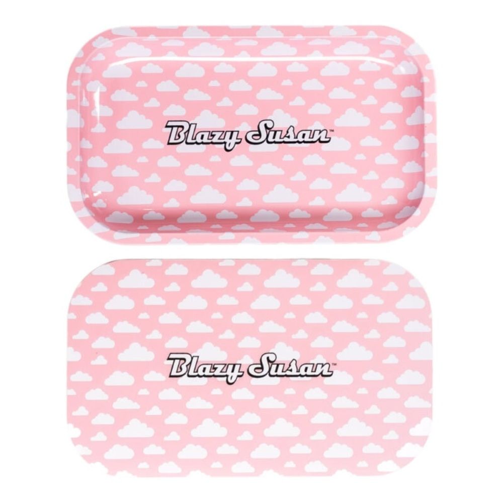 Blazy Susan Tin Rolling Tray w Lid 10"x6" Pink Clouds