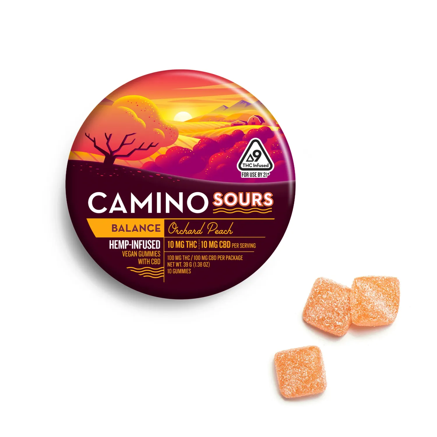 Camino Sours Orchard Peach 'Balance' 10mg Delta 9 THC : 10mg CBD Gummies