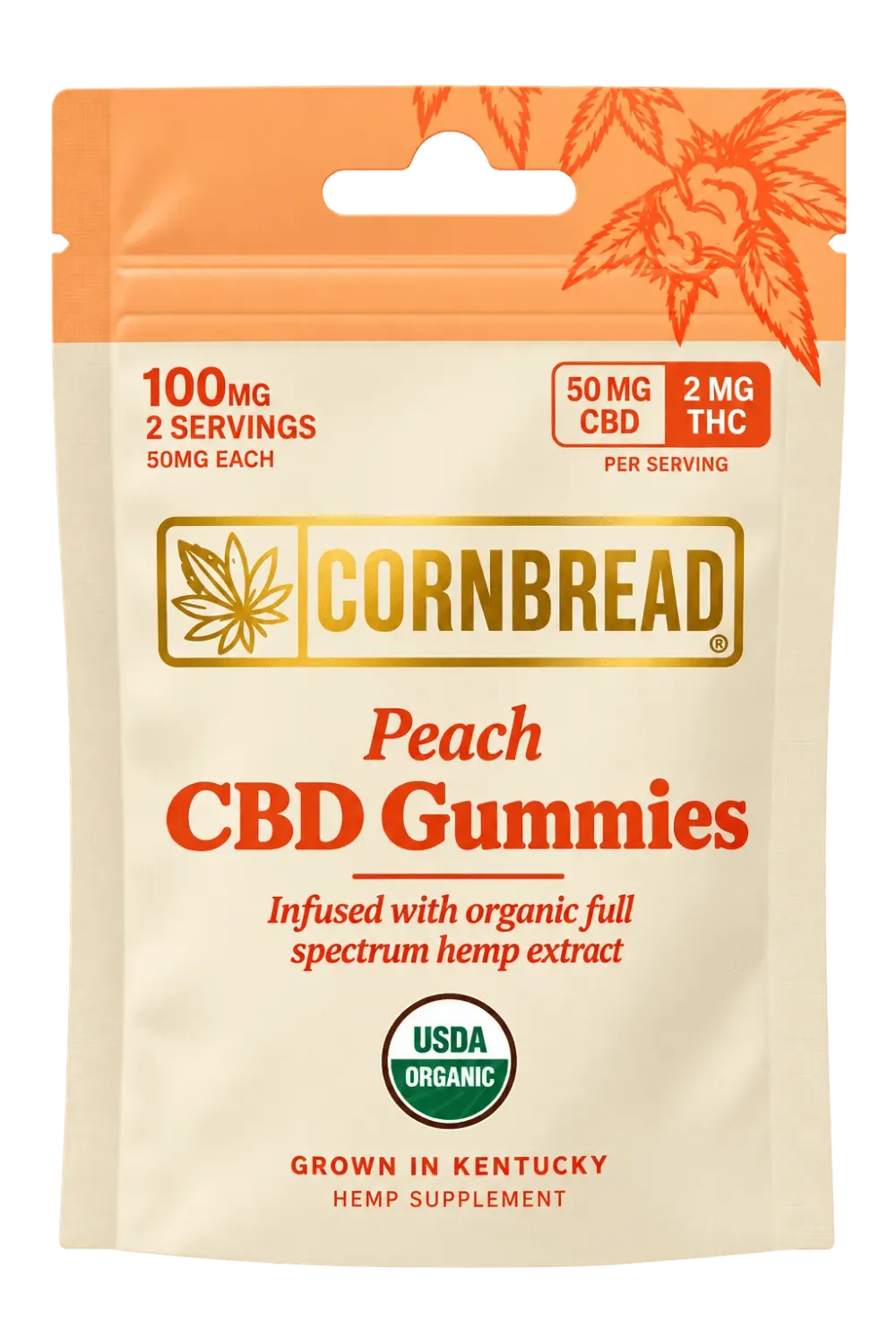 Cornbread Hemp CBD Gummies Peach 50mg CBD 2mg THC, Flavor: Peach, Size: 2ct