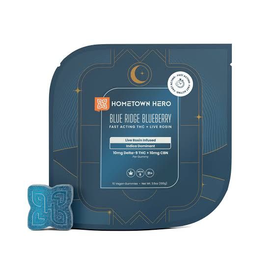 Hometown Hero Live Rosin Infused Gummies 10mg Blue Ridge Blueberry Indica