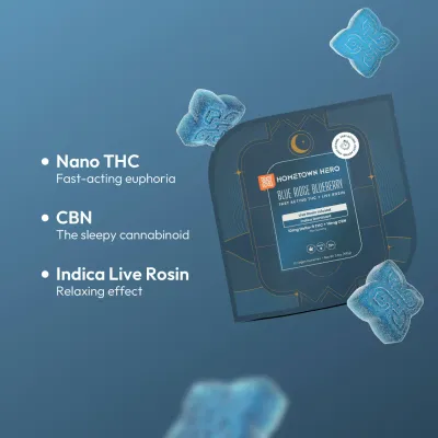 Hometown Hero Live Rosin Infused Gummies 10mg Blue Ridge Blueberry Indica