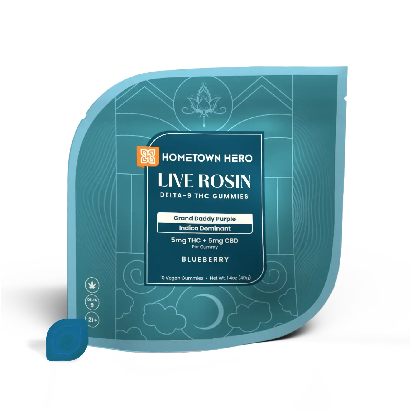 Hometown Hero 1:1 Live Rosin Canna Classic Gummies 10ct Indica Grand Daddy Purp Blueberry