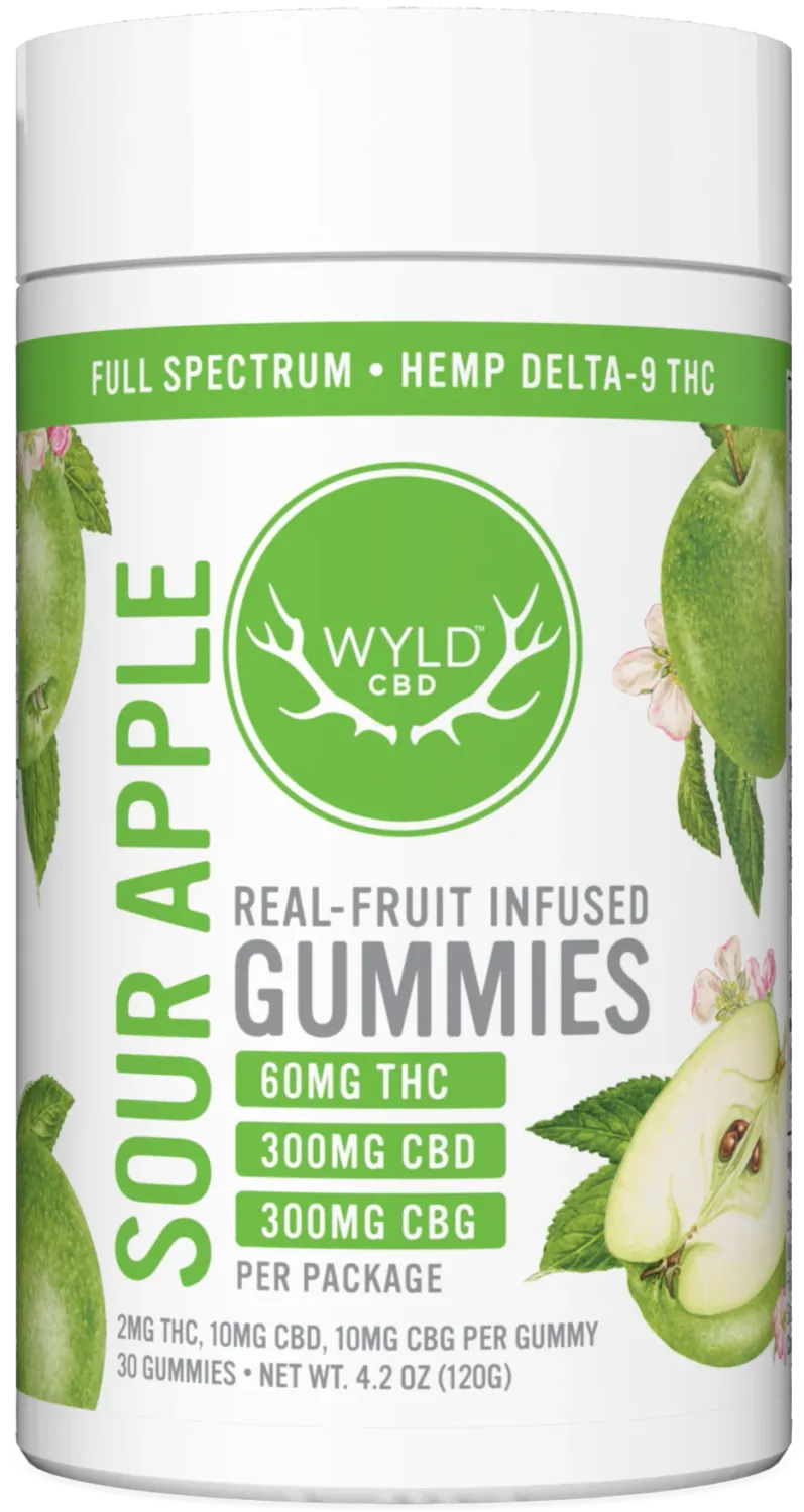 WYLD Full Spectrum Low-Dose Gummy Sour Apple CBD:CBG:THC Active 30ct