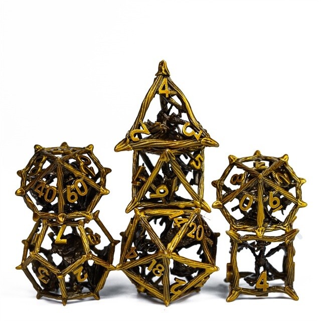Caged Dragon Hollow Metal Dice Gold