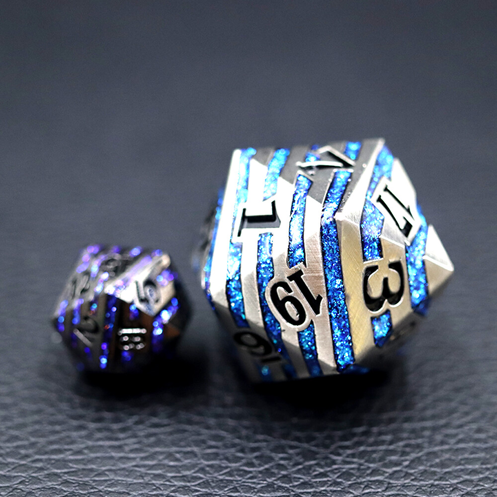 33mm Lost Mines D20 Ancient Silver Blue