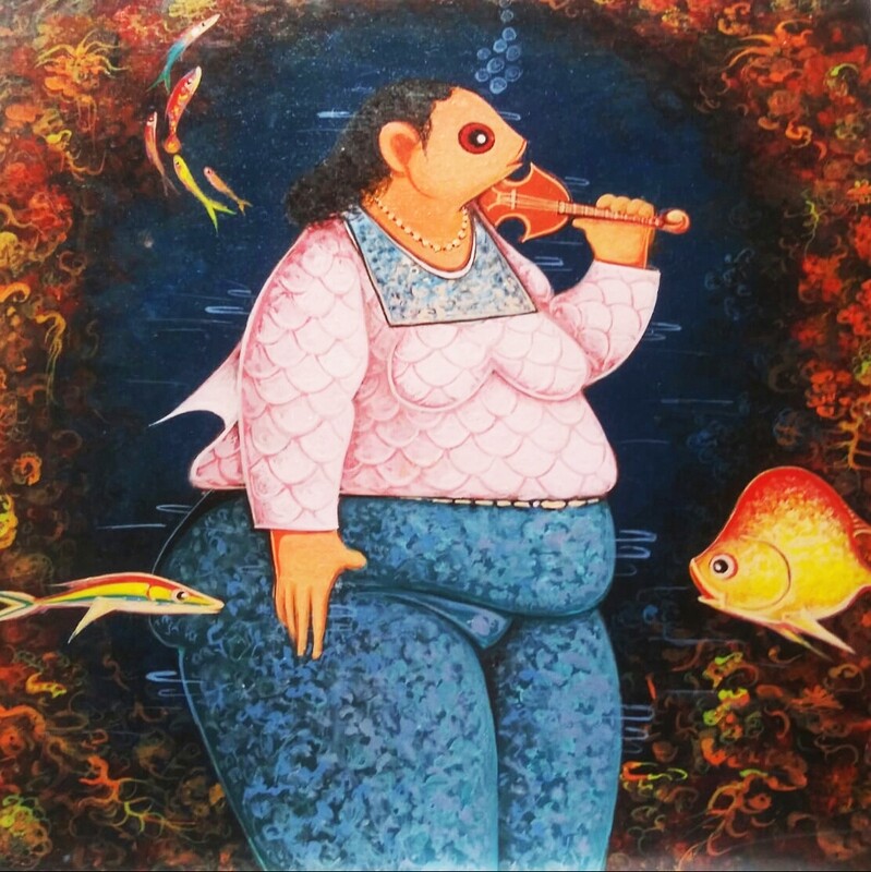 FISH MUSICIAN Andre Blaise 18 x 14 Acrylic on Canvas