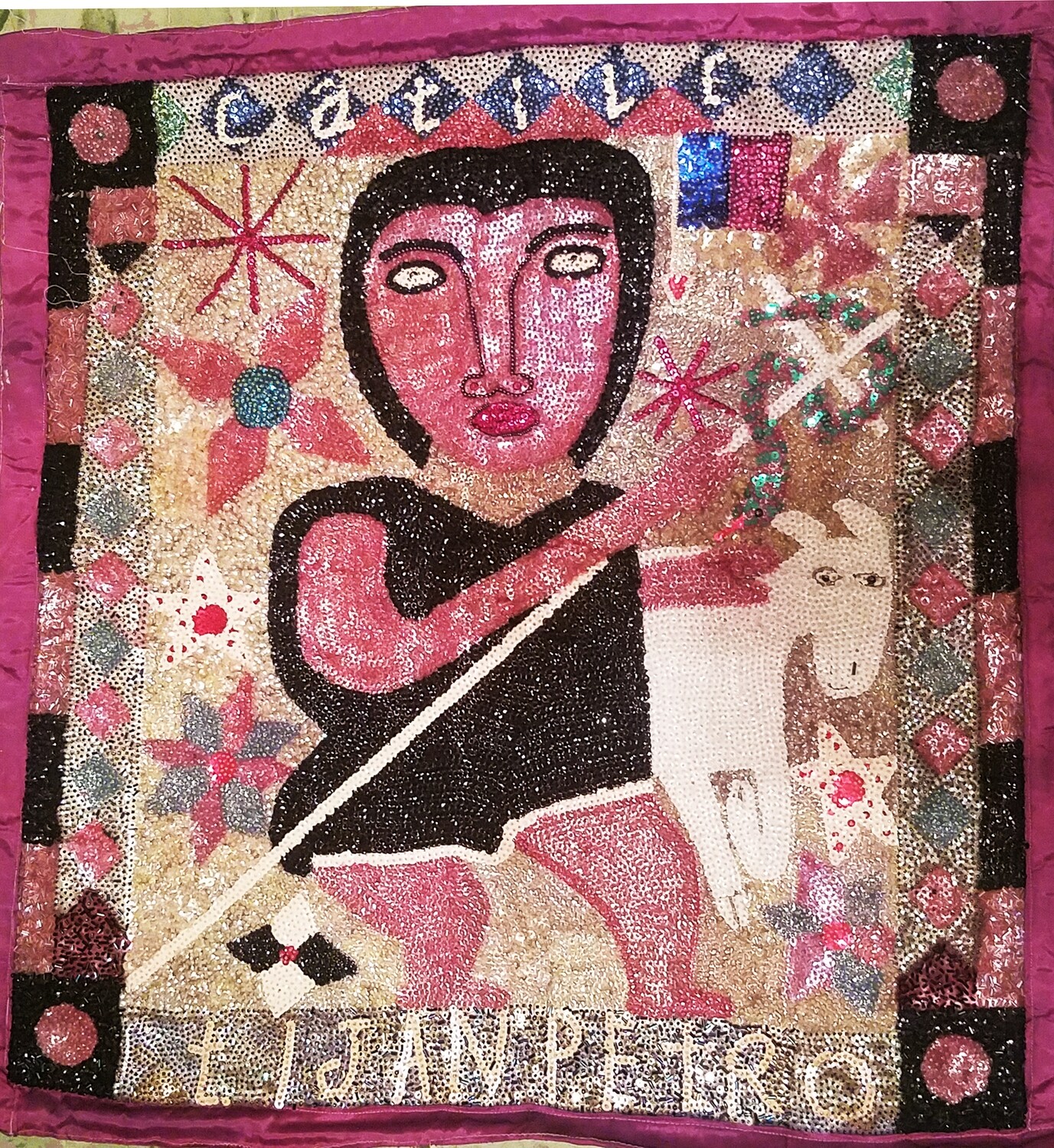 TI JEAN PETRO Marie Baptiste SEQUINS AND BEADS vodoo flags 29 x 35