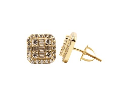 Halo Square Baguette Silver Gold Finish CZ Earrings