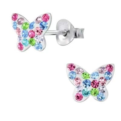 Kinder Ohrringe bunter Schmetterling 925 Silber aus Kristallen