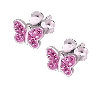 Kinder Ohrringe rosa Schmetterling 925 Silber Kristallsteine