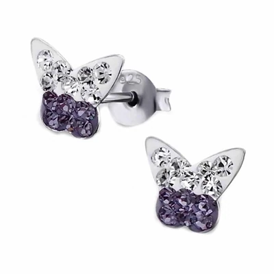 Kinder Ohrringe Schmetterling 925 Silber lila klare Kristalle