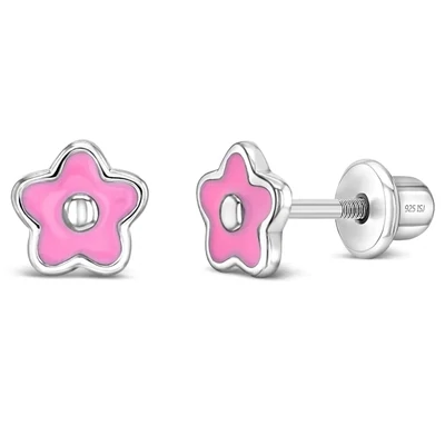 Kinder Ohrringe Blume Pink 925 Silber Sicherheitsverschluss - 5 mm