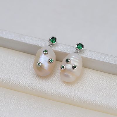 Baroque Pearl Earrings With Simulated Eerald Stones Baroque Pearl Earrings With Simulated Eerald Stones