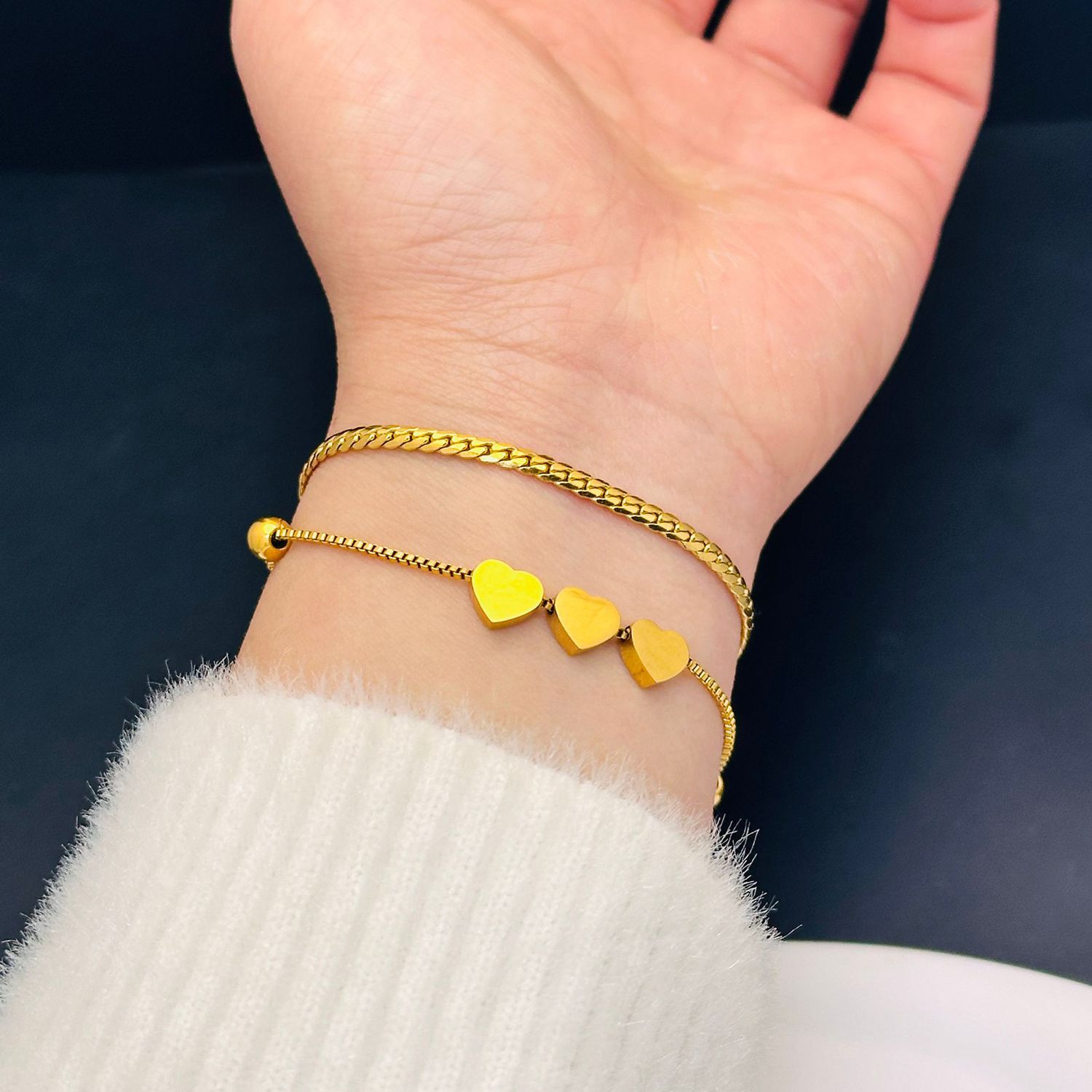 Valentines Triple Heart Bracelet in gold overlay.