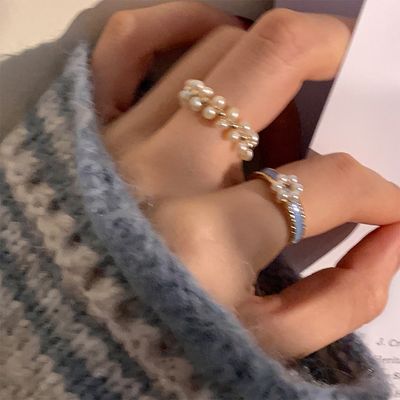 Blue Drop Glaze Pearl Flower Ring Blue Drop Glaze Pearl Flower Ring