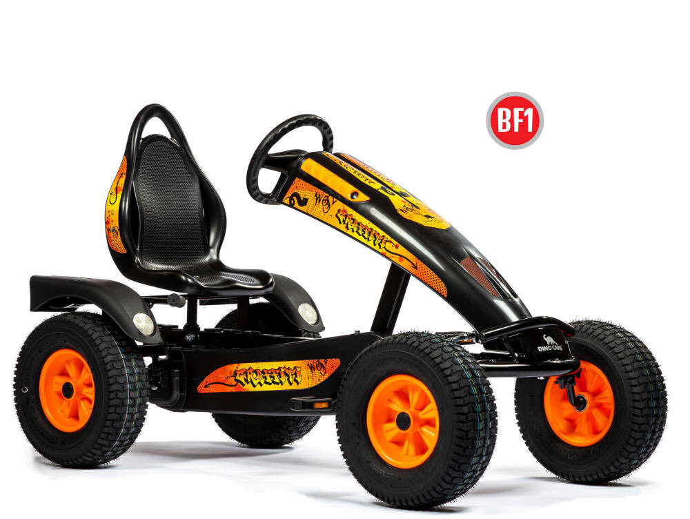 DINO-CARS BF1 Kinder-Gokart mit schwarzem Sitz, orangefarbenen Reifen und gelb-schwarzem Graffiti-Design