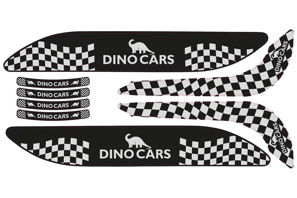 Schwarz-grauer Dino Cars Sport Aufkleber mit Schachbrettmuster und Schriftzug 'DINO CARS'