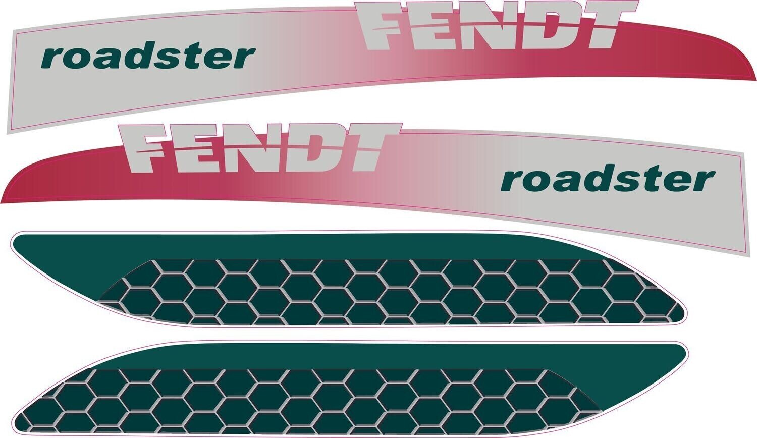Set di adesivi con le scritte "FENDT" e "roadster" in verde e rosso e due adesivi verdi con motivo esagonale.