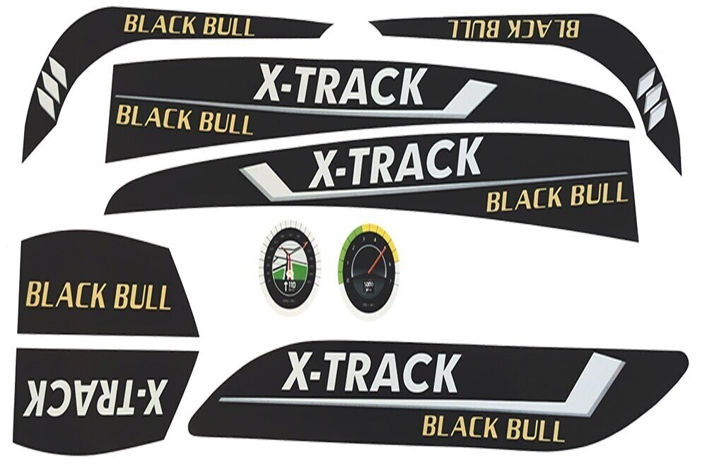 Juego de pegatinas negras con letras blancas y doradas «X-TRACK» y «BLACK BULL», además de dos pegatinas redondas para el vel