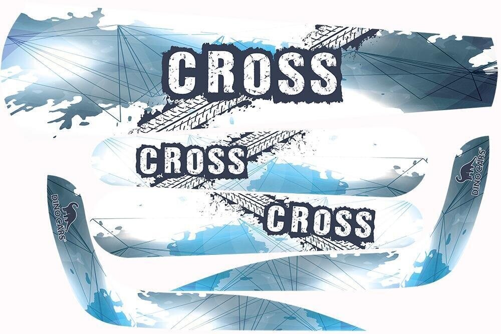 Juego de pegatinas con degradados en azul y blanco, letras 'CROSS' y el logotipo de Dino Cars con el símbolo del dinosaurio.