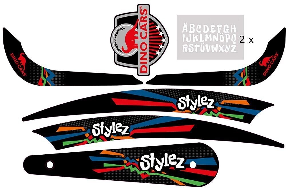 Ensemble d'autocollants avec rayures noires et colorées et inscriptions Stylez et Dino Cars  comprenant deux feuilles lettres