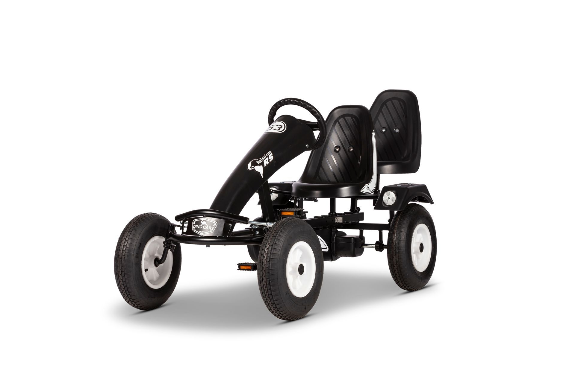 Dino Cars Pan Americana ZF en blanco y negro con dos asientos negros, volante y cuatro llantas