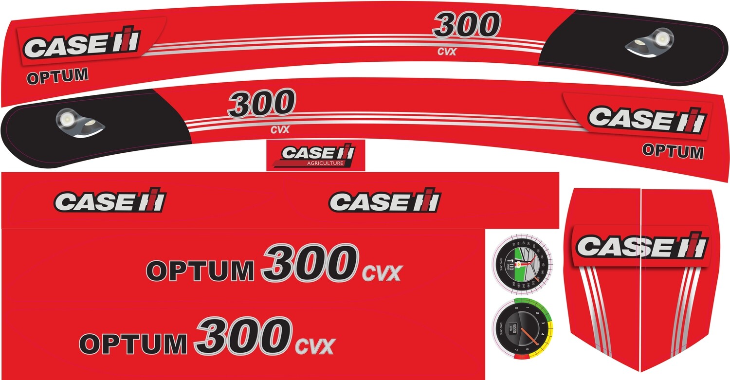 Set di adesivi rossi con dettagli bianchi e neri Case IH Optum 300 CVX, inclusi loghi e illustrazioni del tachimetro