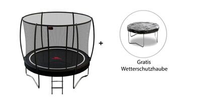 Dino-Cars Ø 365 cm Pro Line Trampolin inkl. Sicherheitsnetz + Leiter + Wetterschutzhaube Ø 365 cm Rundes Trampolin mit Sicherheitsnetz, schwarzem Sprungtuch und Metallrahmen, mit Leiter